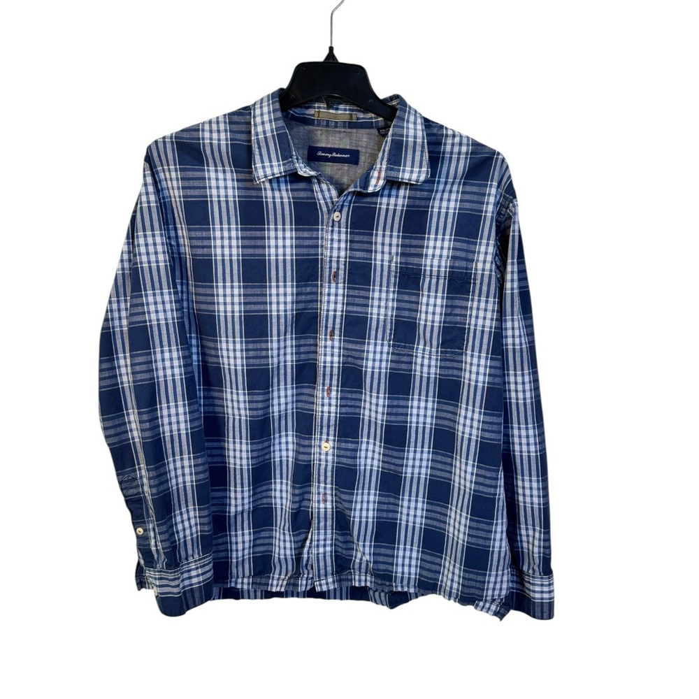 Tommy Bahama Blue and White Plaid Men's Long Sleeve Shirt
